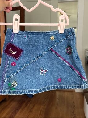 Vintage girls patchwork boho Embroidered Denim Mini Skirt - Blue